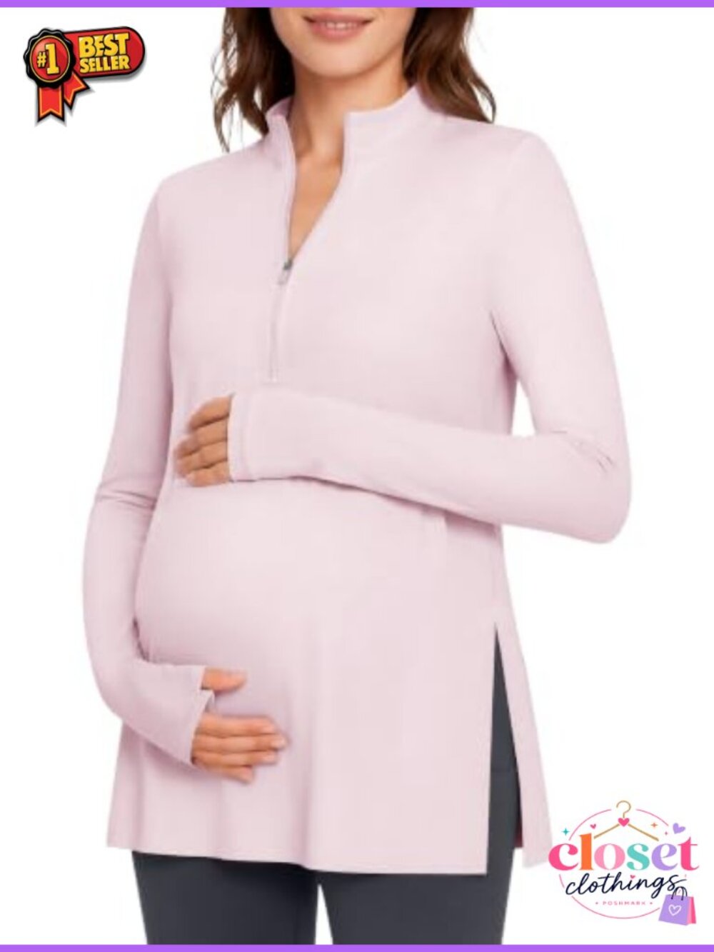 Maternity Long Sleeve Half Zip Mock Neck Yoga Shirt UPF 50+ Thumbhole